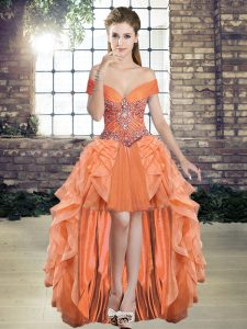  Orange A-line Tulle Off The Shoulder Sleeveless Beading and Ruffles High Low Lace Up Prom Party Dress