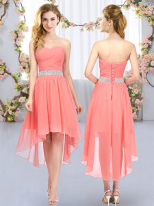 Suitable High Low Empire Sleeveless Watermelon Red Damas Dress Lace Up
