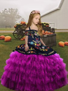  Fuchsia Organza Lace Up Little Girls Pageant Dress Wholesale Sleeveless Floor Length Embroidery and Ruffled Layers