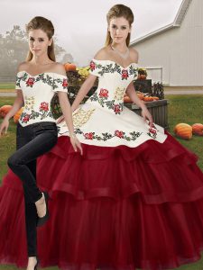  Lace Up Quinceanera Dress Wine Red for Military Ball and Sweet 16 and Quinceanera with Embroidery and Ruffled Layers Brush Train