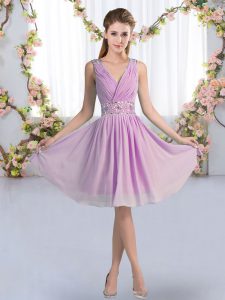 High Class Lavender Empire Chiffon V-neck Sleeveless Beading Knee Length Zipper Court Dresses for Sweet 16