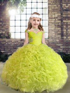  Floor Length Lace Up Girls Pageant Dresses Yellow Green for Party and Wedding Party with Beading and Ruffles