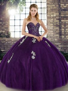  Purple Ball Gowns Sweetheart Sleeveless Tulle Floor Length Lace Up Beading and Appliques Quinceanera Dress
