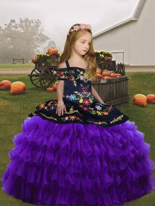 Affordable Straps Sleeveless Child Pageant Dress Floor Length Embroidery Purple Organza