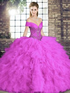  Lilac Ball Gowns Beading and Ruffles Quinceanera Gowns Lace Up Tulle Sleeveless Floor Length