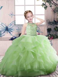  Sleeveless Tulle Floor Length Zipper Child Pageant Dress in with Beading and Ruffles