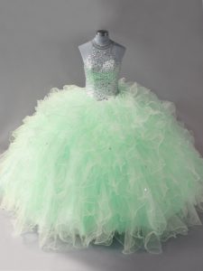 Cute Tulle Halter Top Sleeveless Lace Up Beading and Ruffles Vestidos de Quinceanera in Apple Green