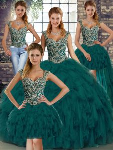 Pretty Organza Sleeveless Floor Length Quinceanera Dresses and Beading and Ruffles