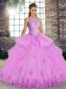 Cheap Lilac Ball Gowns Scoop Sleeveless Tulle Floor Length Lace Up Lace and Embroidery and Ruffles Quinceanera Gown