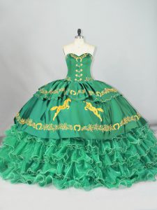  Sleeveless Brush Train Lace Up 15th Birthday Dress in Green with Embroidery and Ruffled Layers
