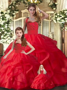  Halter Top Sleeveless Lace Up Quinceanera Dresses Red Tulle