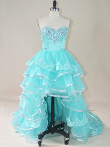  Aqua Blue Homecoming Dress Prom and Party with Beading and Lace and Ruffled Layers Sweetheart Sleeveless Lace Up