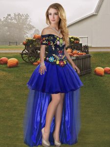  High Low Royal Blue Prom Gown Tulle Sleeveless Embroidery