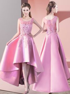 Flare Baby Pink Zipper Quinceanera Court of Honor Dress Lace Sleeveless High Low
