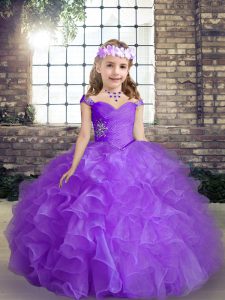Latest Purple Organza Lace Up Girls Pageant Dresses Sleeveless Floor Length Beading