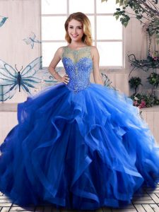  Floor Length Royal Blue Quinceanera Gown Tulle Sleeveless Beading and Ruffles