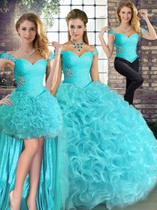  Aqua Blue Three Pieces Beading Quinceanera Gown Lace Up Fabric With Rolling Flowers Sleeveless Floor Length
