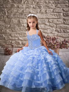 Charming Blue Sleeveless Brush Train Beading and Ruffled Layers Little Girl Pageant Dress