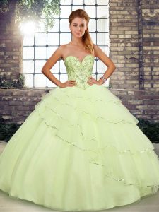 Pretty Yellow Ball Gowns Tulle Sweetheart Sleeveless Beading and Ruffled Layers Lace Up Sweet 16 Dress Brush Train