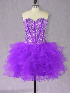 Inexpensive Purple Organza Lace Up Prom Gown Sleeveless Mini Length Beading and Ruffles