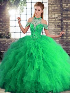  Green Ball Gowns Beading and Ruffles Quinceanera Dress Lace Up Tulle Sleeveless Floor Length