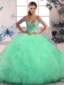  Apple Green Tulle Lace Up Vestidos de Quinceanera Sleeveless Floor Length Beading and Ruffles