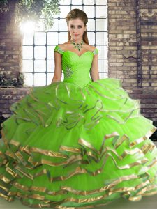  Floor Length Lace Up Sweet 16 Dresses for Military Ball and Sweet 16 and Quinceanera with Beading and Ruffled Layers