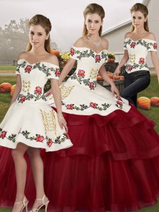  Off The Shoulder Sleeveless Quinceanera Dress Brush Train Embroidery and Ruffled Layers Wine Red Tulle