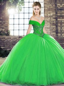 Clearance Sleeveless Beading Lace Up Sweet 16 Quinceanera Dress with Green Brush Train