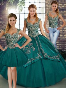 Best Teal Tulle Lace Up Straps Sleeveless Floor Length Quinceanera Gown Beading and Embroidery