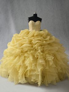  Yellow Lace Up 15 Quinceanera Dress Beading and Ruffles Sleeveless Floor Length