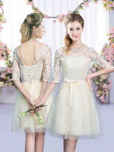 Gorgeous Champagne Empire Lace and Bowknot Vestidos de Damas Lace Up Tulle Half Sleeves Mini Length