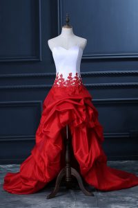 Admirable Sleeveless Taffeta High Low Lace Up Prom Dresses in White And Red with Lace and Appliques and Pick Ups