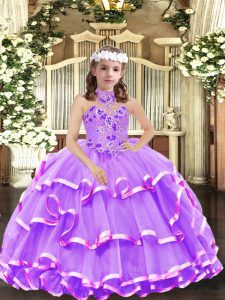  Lavender Ball Gowns High-neck Sleeveless Organza Floor Length Lace Up Appliques and Ruffled Layers Girls Pageant Dresses