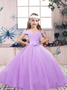  Lavender Sleeveless Floor Length Belt Lace Up Little Girls Pageant Gowns