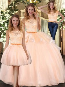 Hot Selling Peach Zipper Scoop Lace 15th Birthday Dress Organza Sleeveless