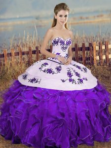 Suitable Sweetheart Sleeveless Quinceanera Gowns Floor Length Embroidery and Ruffles and Bowknot White And Purple Organza