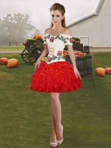  Sleeveless Organza Mini Length Lace Up Homecoming Dress in Red with Embroidery and Ruffles