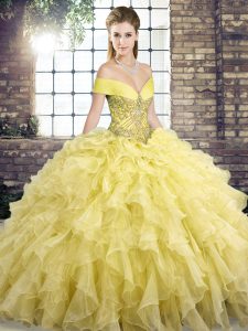 Glamorous Off The Shoulder Sleeveless Organza 15 Quinceanera Dress Beading and Ruffles Brush Train Lace Up