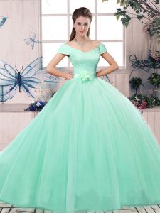  Lace and Hand Made Flower Sweet 16 Dresses Apple Green Lace Up Short Sleeves Floor Length