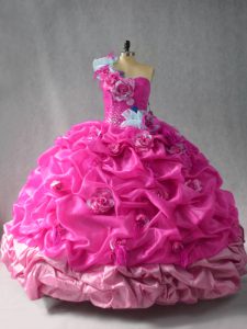  Floor Length Lace Up 15th Birthday Dress Fuchsia for Sweet 16 and Quinceanera with Pick Ups and Hand Made Flower