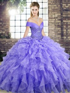 Flare Lavender Sleeveless Organza Brush Train Lace Up Sweet 16 Dresses for Military Ball and Sweet 16 and Quinceanera