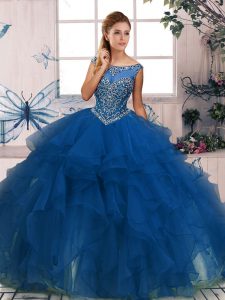  Blue Sleeveless Beading and Ruffles Floor Length Quinceanera Dress