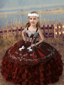 Sweet Rust Red Sleeveless Embroidery and Ruffled Layers Floor Length Girls Pageant Dresses