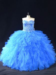 Smart Organza Sweetheart Sleeveless Lace Up Beading and Ruffles Vestidos de Quinceanera in Blue