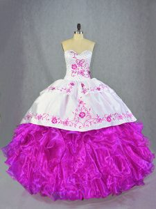  Sweetheart Sleeveless Quinceanera Dresses Brush Train Beading and Embroidery and Ruffles Fuchsia Organza