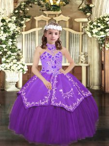 Stylish Halter Top Sleeveless Lace Up Girls Pageant Dresses Eggplant Purple Tulle