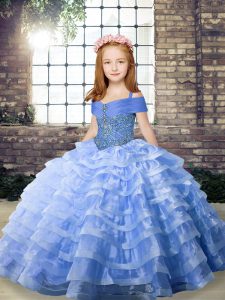  Blue Little Girl Pageant Dress Straps Sleeveless Brush Train Lace Up