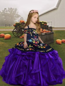 Custom Fit Purple Organza Lace Up Little Girl Pageant Gowns Sleeveless Floor Length Embroidery and Ruffles