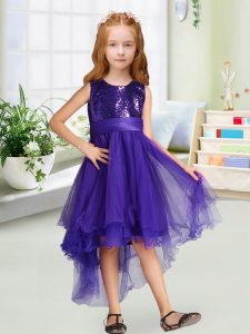 Affordable Organza Scoop Sleeveless Zipper Sequins and Bowknot Flower Girl Dresses for Less in Purple